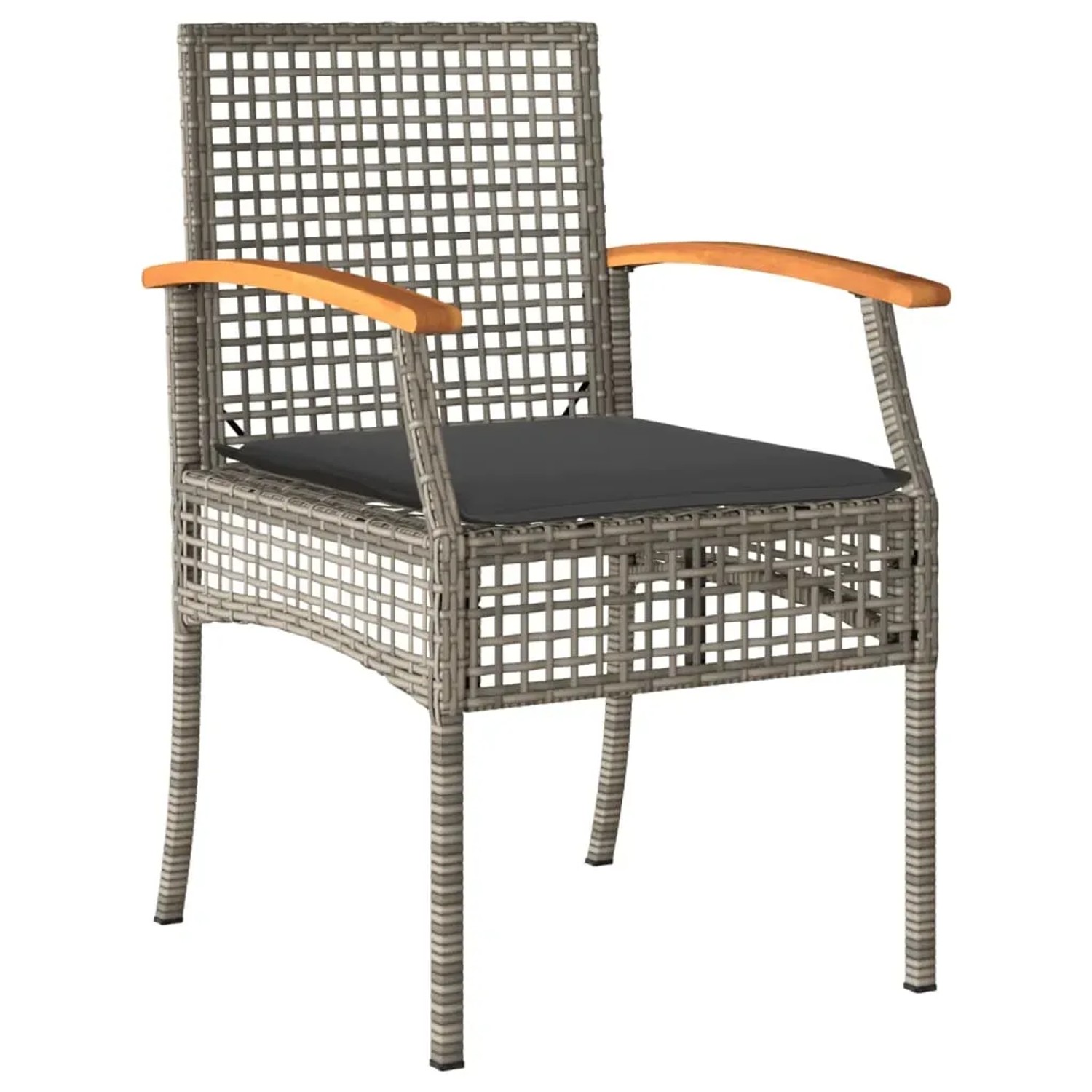 Grauer vidaXL Gartenstuhl aus Rattan mit dunklem Kissen und Holzarmlehnen.
