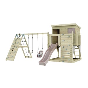 PolarPlay Spielturm Aksel altrosa mit Schaukel, Rutsche und Kletterwand.