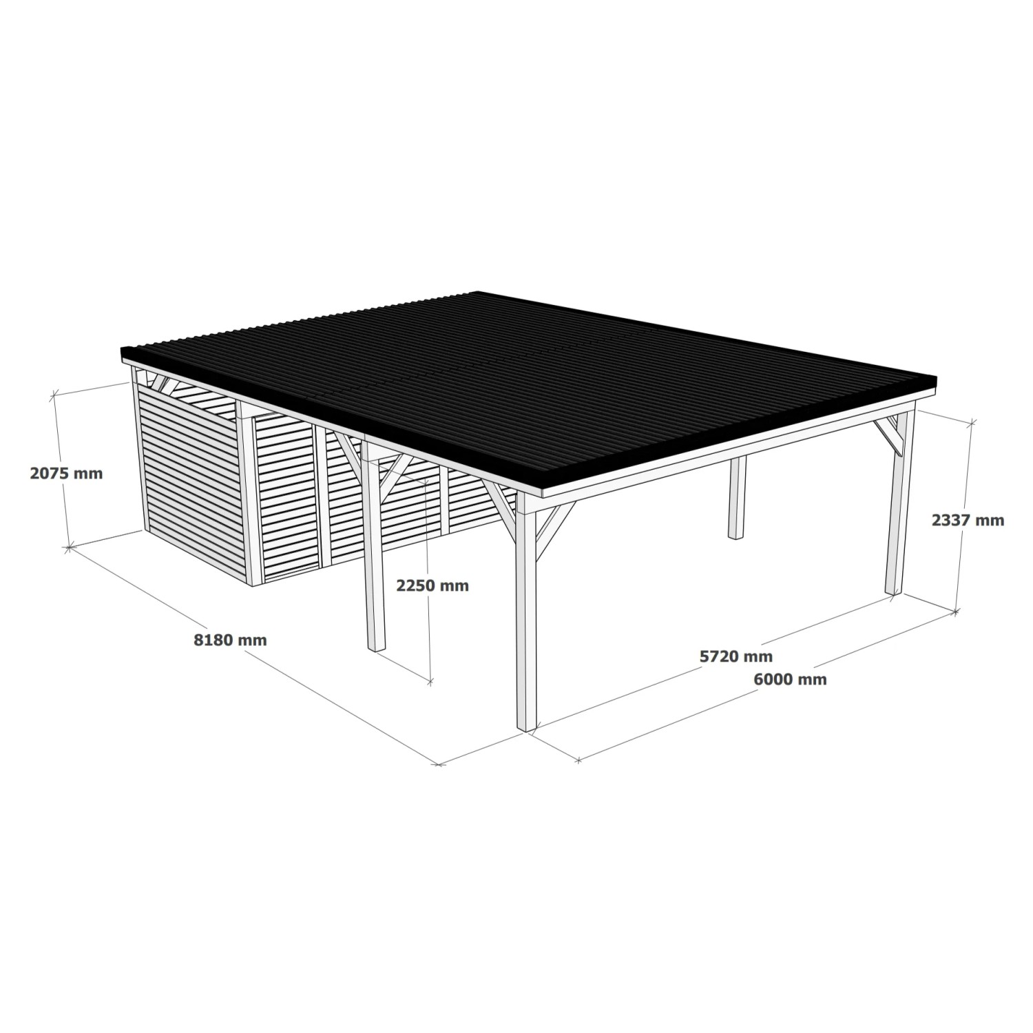 Holzbrüder Doppelcarport Ralf mit Geräteraum, imprägniert, 600x868 cm, schwarzes Dach, Maße