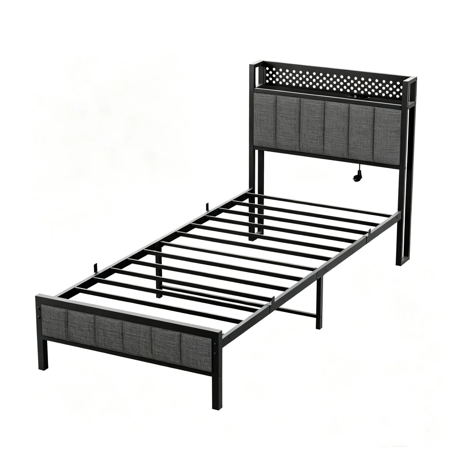 okwish Polsterbett mit Steckdose LED-Licht Jugendbett mit Matratze 90x200cm Grau