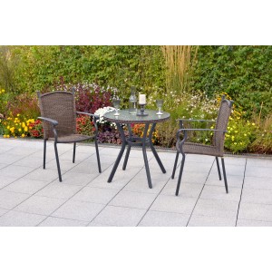 Merxx Roma Gartenmöbel-Set, 3-teilig, mit braunem Tisch (Ø 70cm) und 2 Stapelsesseln.