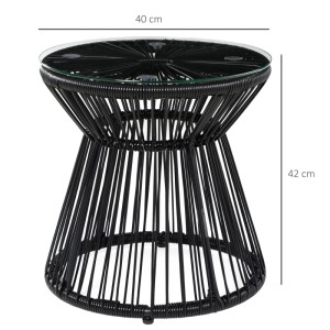 Schwarzer Outsunny Rattan Beistelltisch mit runder Glasplatte. Konisches PE-Geflecht, 40x42 cm. Moderner Gartentisch.