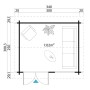 Grundriss Lasita Maja Gartenhaus Alex, 300x250 cm, Schwedenrot. Holz-Gartenhaus mit Möbeln und Bepflanzung.