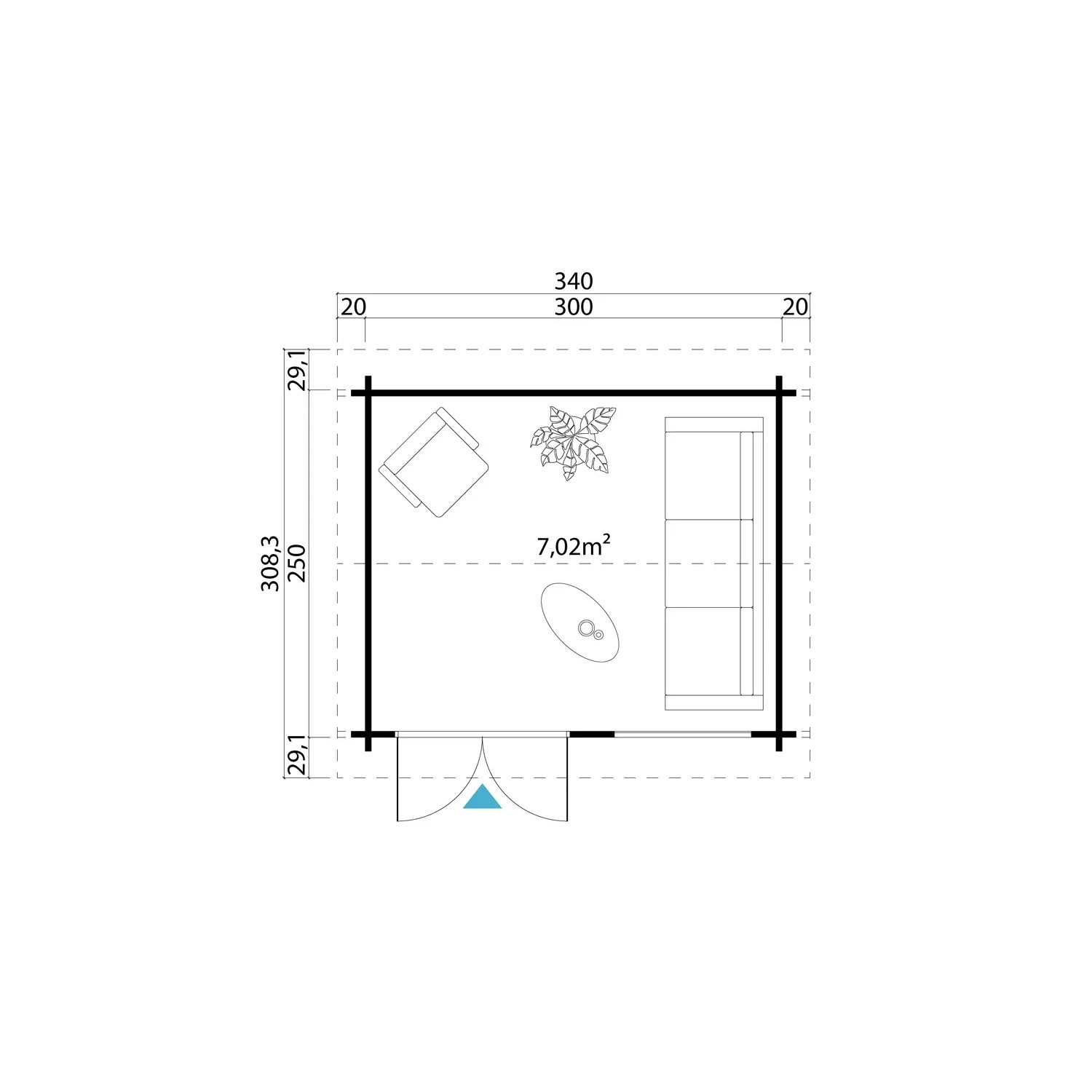 Grundriss Lasita Maja Gartenhaus Alex, 300x250 cm, Schwedenrot. Holz-Gartenhaus mit Möbeln und Bepflanzung.