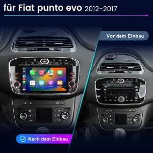Junsun Autoradio für FIAT Linea/Punto Evo: Vorher/Nachher-Ansicht des 7-Zoll-Touchscreen-Einbaus.