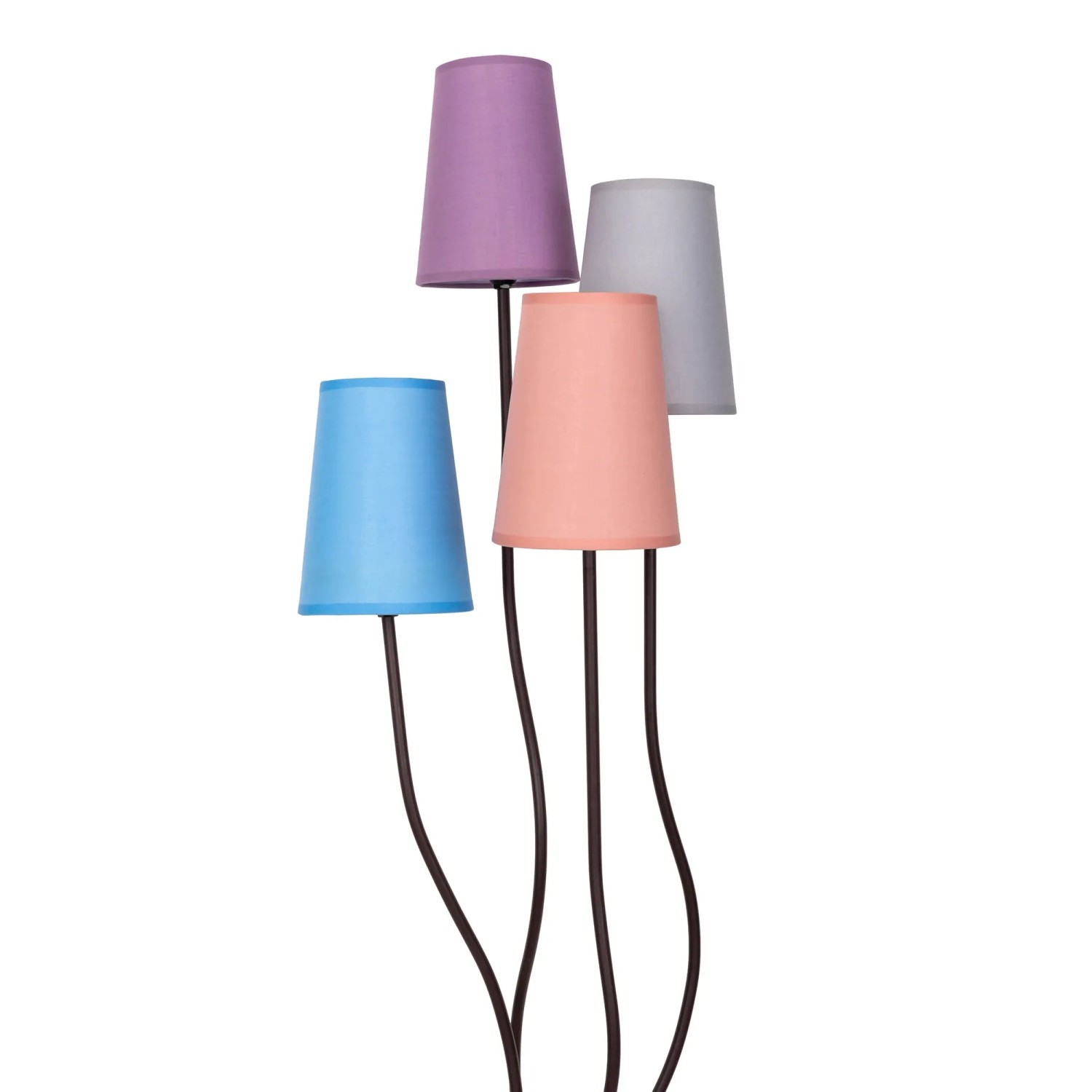 Bunte Näve Boho Stehleuchte mit 4 Textilschirmen (blau, lila, rosa, grau) im Boho-Stil, 138 cm hoch.
