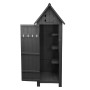 Grauer Monstershop Gartenschrank aus Holz mit offener Tür, Haken und Regalen.