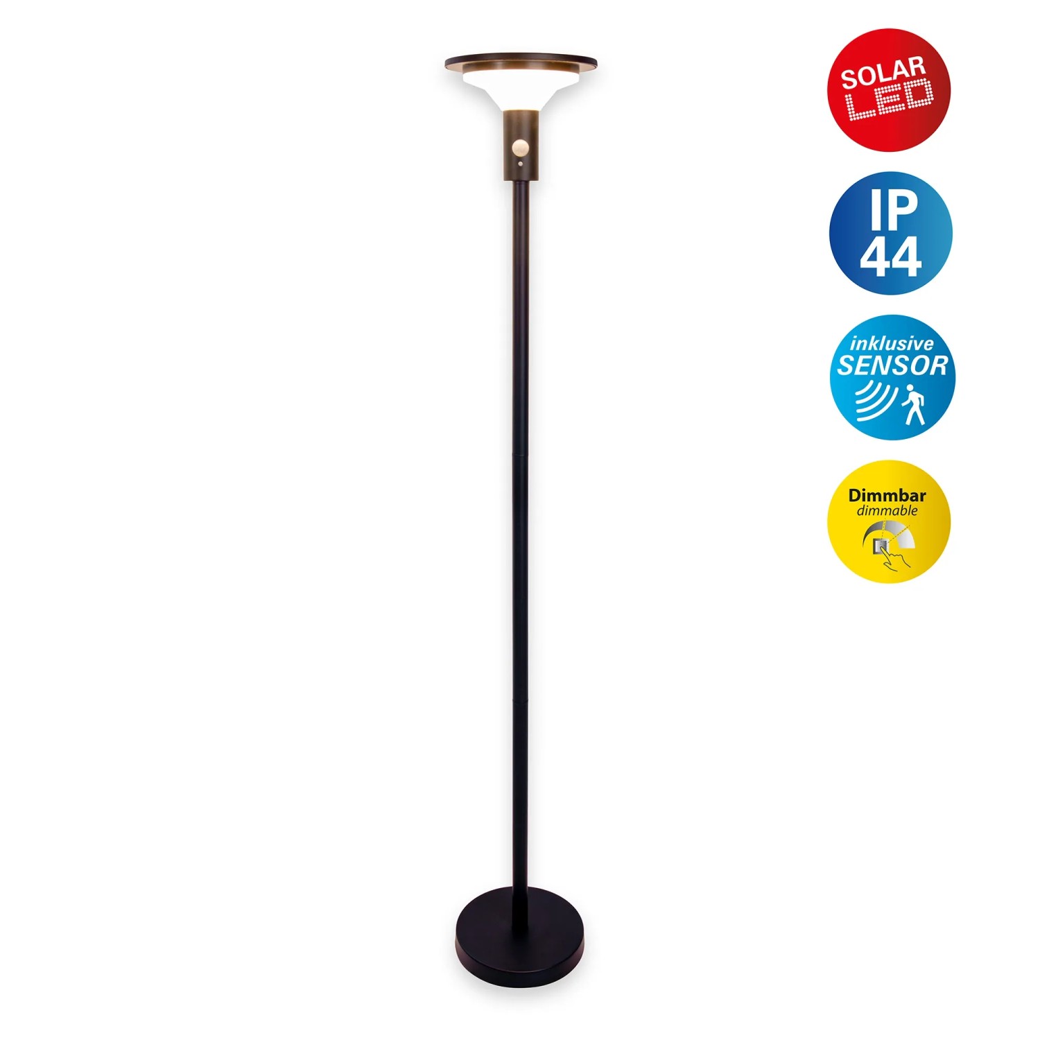 Schwarze LED Solar Stehleuchte Nora, 139cm hoch, für den Garten oder die Terrasse.