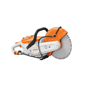 Stihl Akku-Trennschleifer TSA 300 in Orange-Grau mit großer Trennscheibe und Schutzhaube. Professionelle Schleifmaschine.