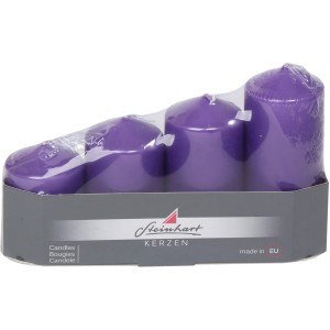 4er-Pack lila Stumpenkerzen (110/47 mm) aus Wachs für stimmungsvolle Beleuchtung.