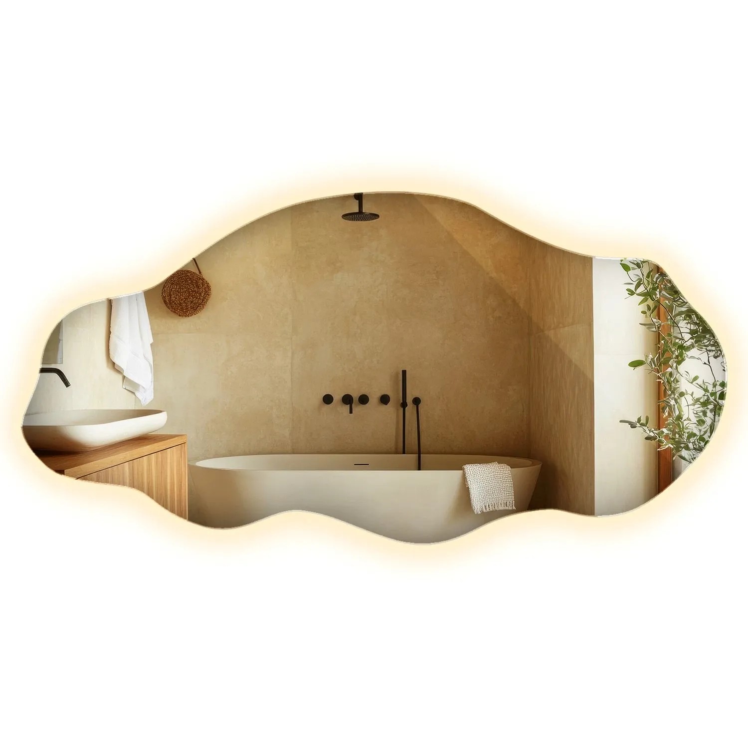 Wallfluent Beleuchteter Spiegel 45x90 cm Unregelmäßige Form Mit Warmweiß 3000K LED Licht Für Bad Und Ankleidezimmer