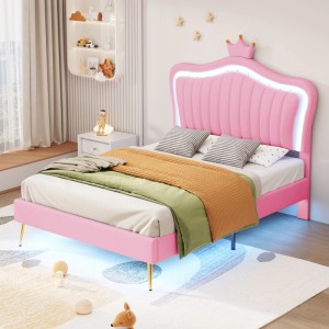 Rosa okwish Polsterbett mit LED-Leuchten, 90x200 cm, für Kinder. Bettgestell mit Lattenrost, ohne Matratze.