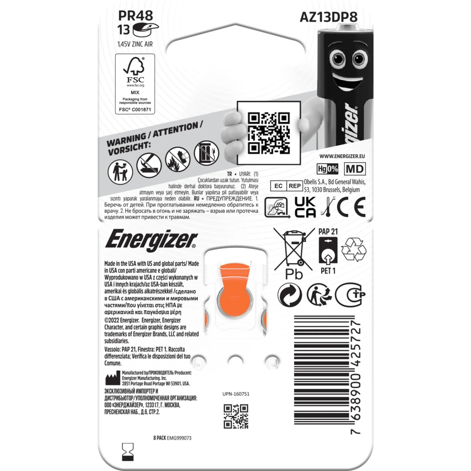 Energizer Hörgerätebatterien Größe 13, 8er-Pack. Knopfzellen für Hörgeräte.