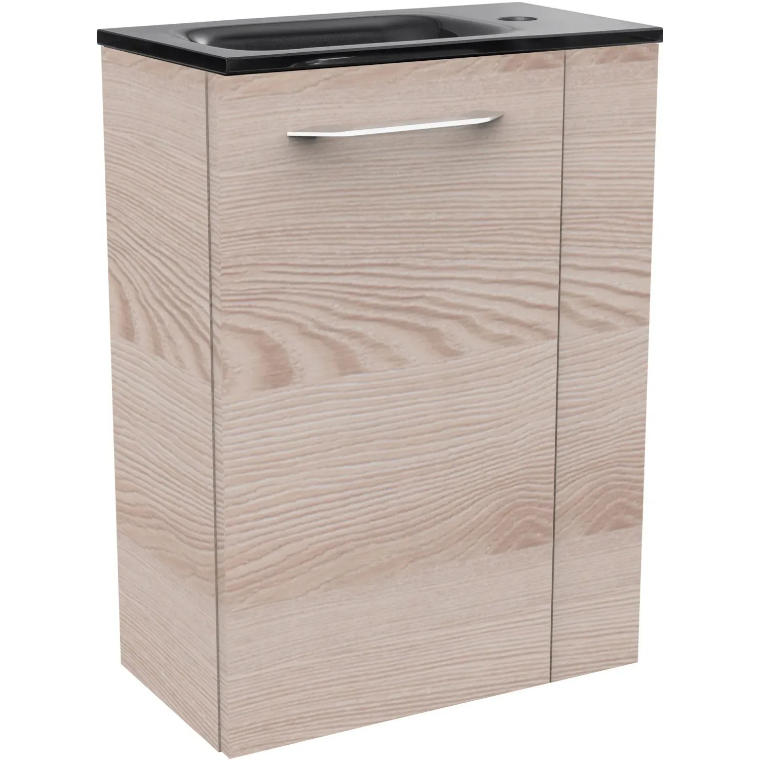 Fackelmann Waschbeckenunterschrank SBC Alaska Esche, 44 cm breit, mit schwarzem Waschbecken.