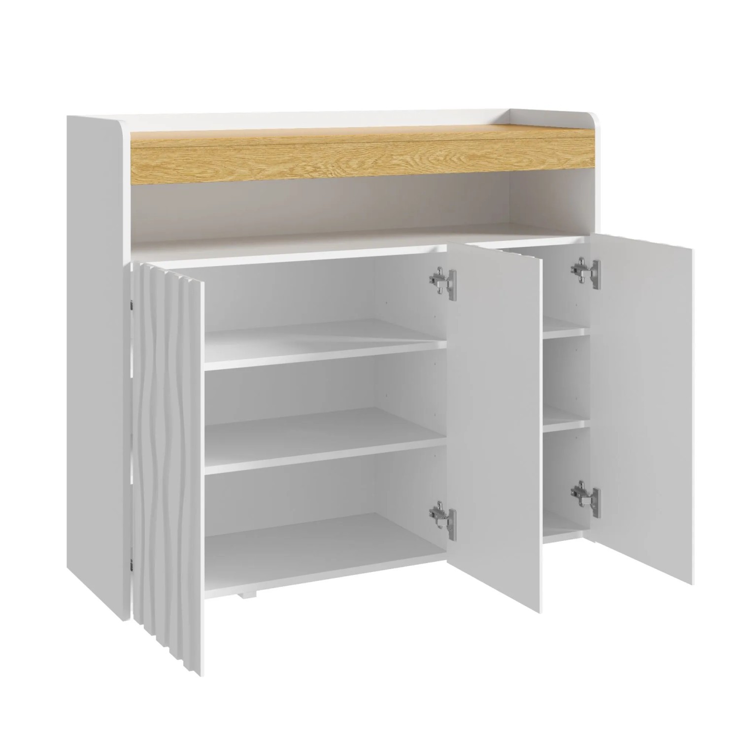 Merax Sideboard weiß, 3 Türen (eine mit Wellenmuster), offenes Fach, Holzoptik-Ablage. Moderner Wohnzimmerschrank.