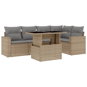 Beige 6-tlg. vidaXL Garten-Sofagarnitur aus Rattan mit Tisch und grauen Kissen.