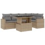 Beige 6-tlg. vidaXL Garten-Sofagarnitur aus Rattan mit Tisch und grauen Kissen.