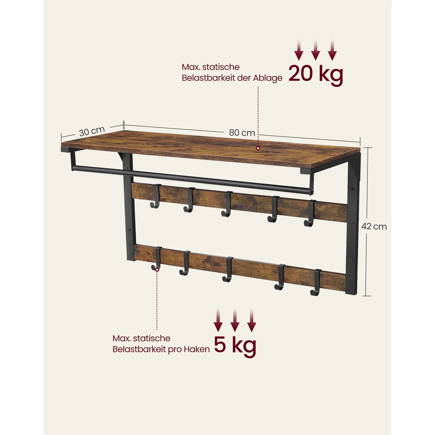 Vasagle Wandgarderobe in Braun-Schwarz mit Ablage, Haken und Kleiderstange.