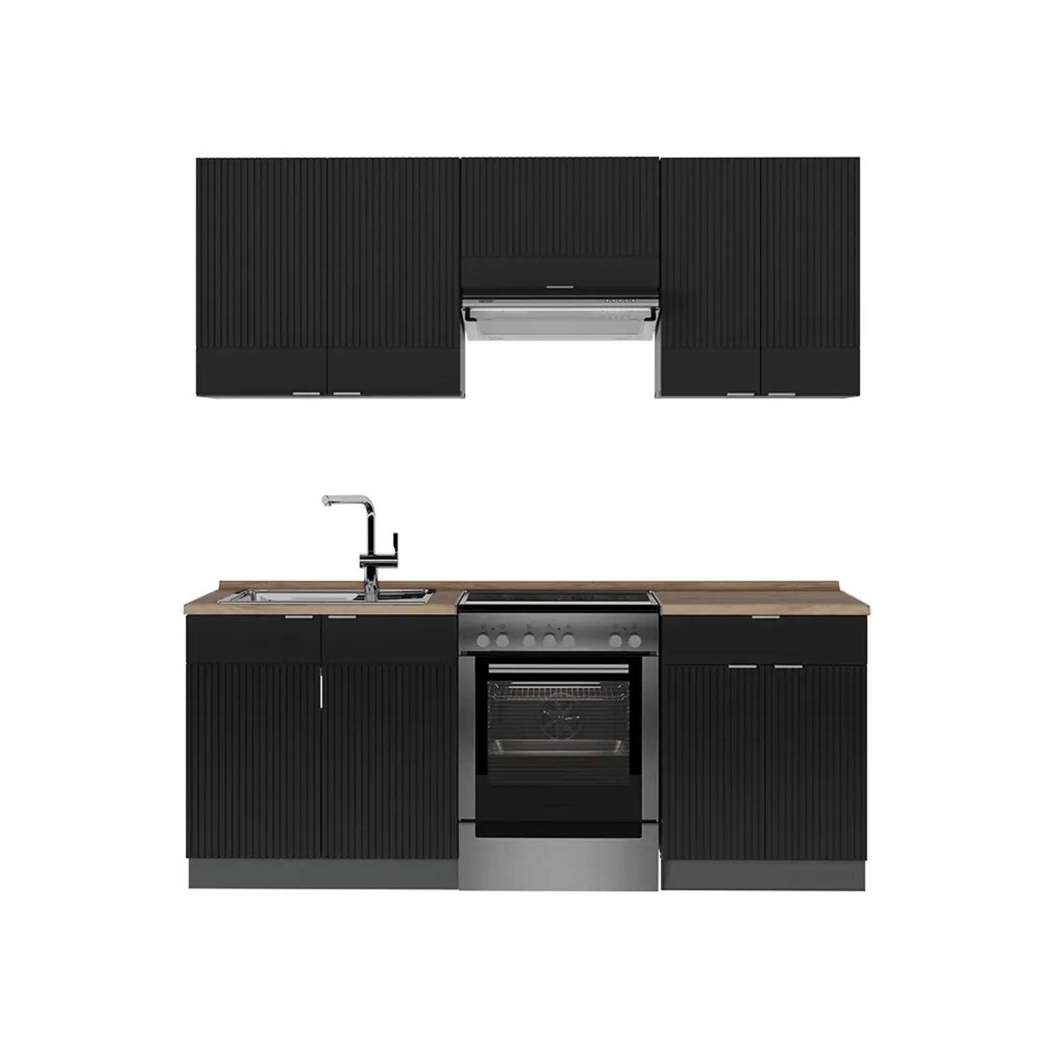 Vicco Fame-Line Küchenzeile Schwarz gestreift/Anthrazit 200 cm AP Eiche ohne E-Geräte