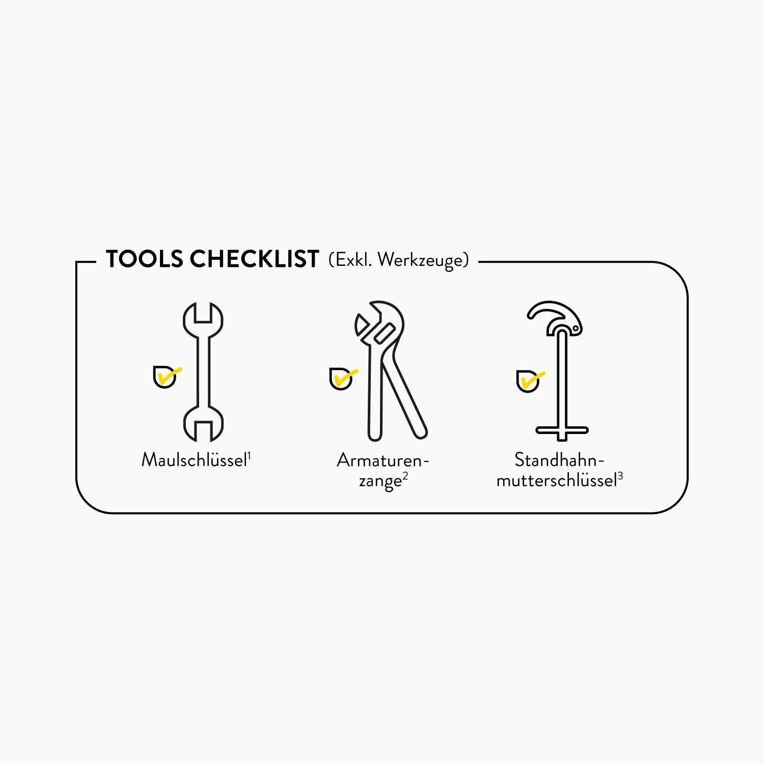 Checkliste Werkzeuge (Exkl. Werkzeuge): Maulschlüssel, Armaturenzange, Standhahn-Mutterschlüssel.
