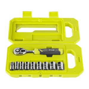 Ryobi Steckschlüssel-Set RHRS10PC mit Ratsche und 9 Nüssen in gelber Box.