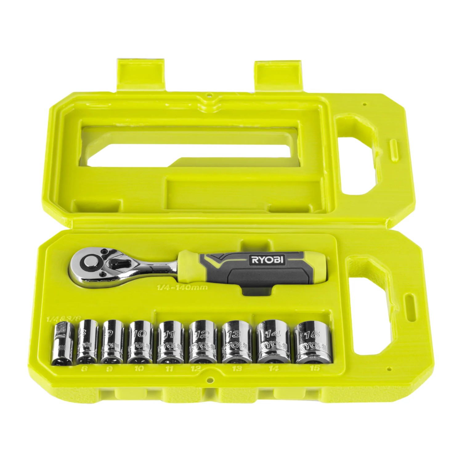 Ryobi Steckschlüssel-Set RHRS10PC mit Ratsche und 9 Nüssen in gelber Box.