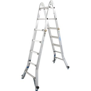 Krause Gelenk-Teleskop-Leiter, 4x5 Sprossen, als Stehleiter aufgebaut.