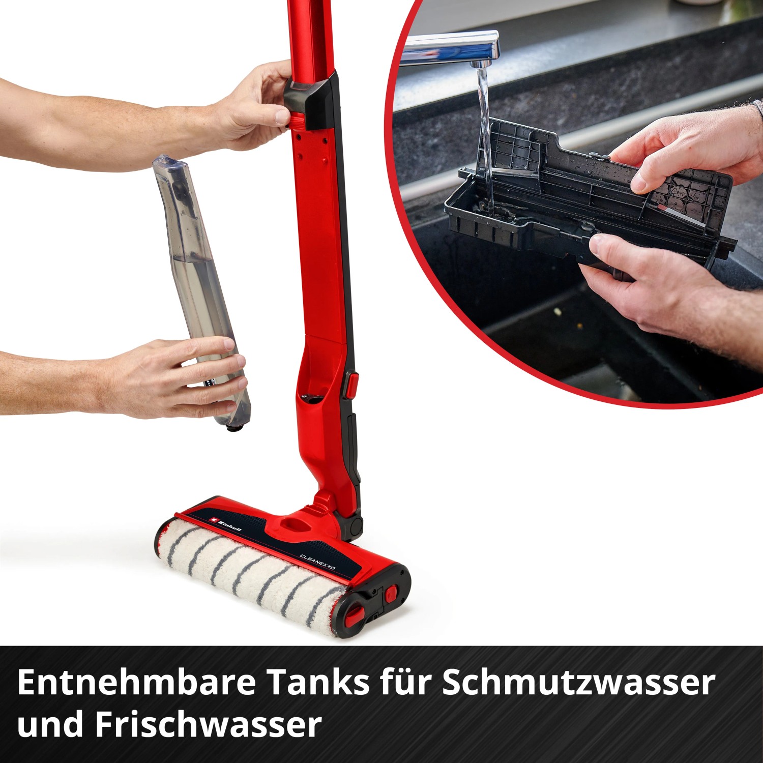 Einhell Cleanexxo Akku-Hartbodenreiniger: Entnehmbare Tanks werden befüllt und geleert.