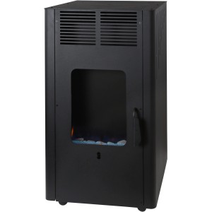 Schwarzer Rowi Gas-Heizofen Blue Flame Caminetto Premium 4,2 kW mit blauen Deko-Steinen.