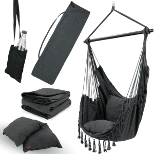 deluxe4home Hängesessel Set mit Kissen, Decke, Getränkehalter und Tragetasche in Anthrazit.