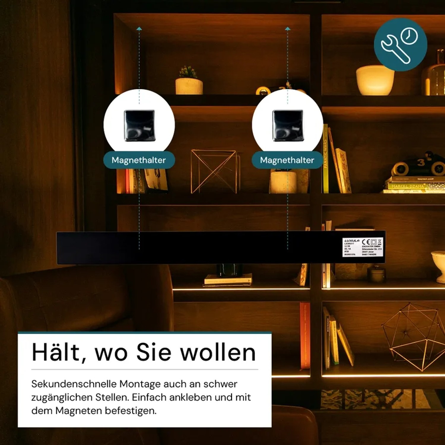 Schwarze LUXULA LED Unterbauleuchte 60cm mit magnetischer Befestigung unter Regal