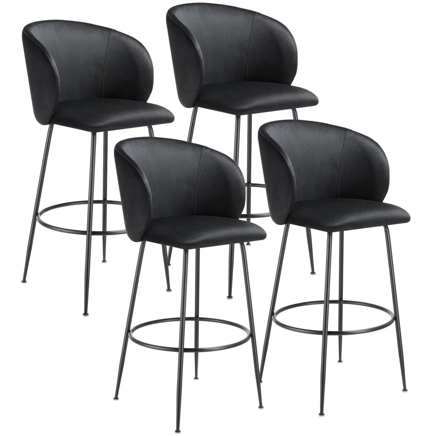Tectake Barstuhl Luana In Samtoptik  Gepolstert Mit Breiter Rückenlehne und Fußstütze 4Er Set 60 x 51 x 106 cm Schwarz Schwarz