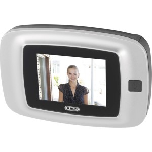 Abus Digitaler Türspion DTS2814rec mit Display und Kameraansicht einer Frau vor der Tür.