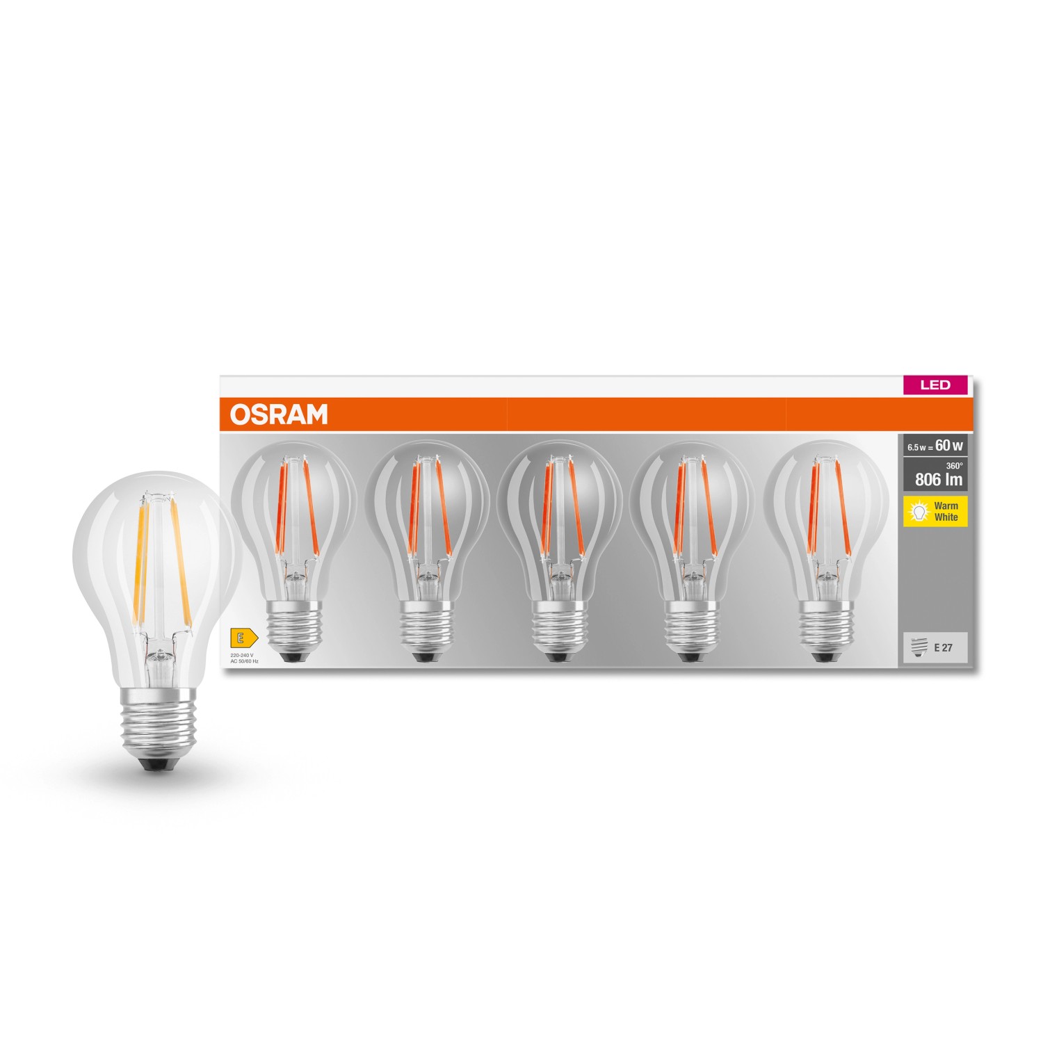 Osram LED-Leuchtmittel E27 Glühlampenform 6,5 W 5er Set 10,5 x 6 cm (H x Ø)