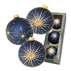 3 blaue Weihnachtskugeln mit goldenem Sternenmuster, 8 cm, von Krebs Glas Lauscha.