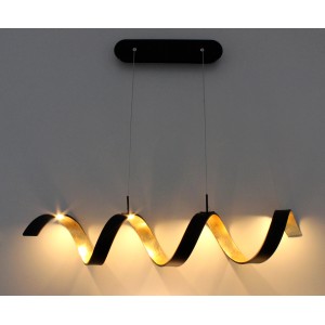 Moderne LED-Pendelleuchte Helix in Schwarz-Gold mit geschwungenem Design für Wohnräume.