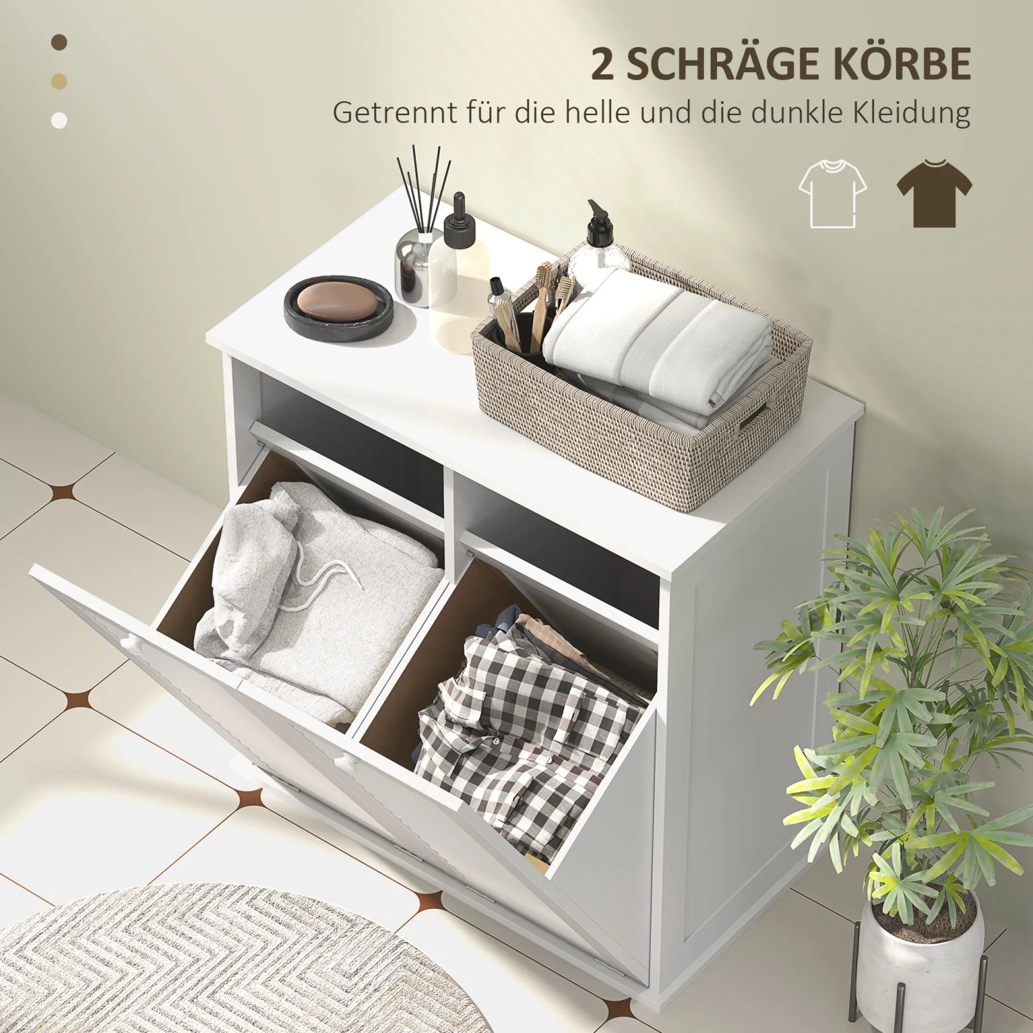 HOMCOM Wäscheschrank, weiß, mit 2 Wäschekörben. Badregal zur Wäsche-Sortierung im Badezimmer.
