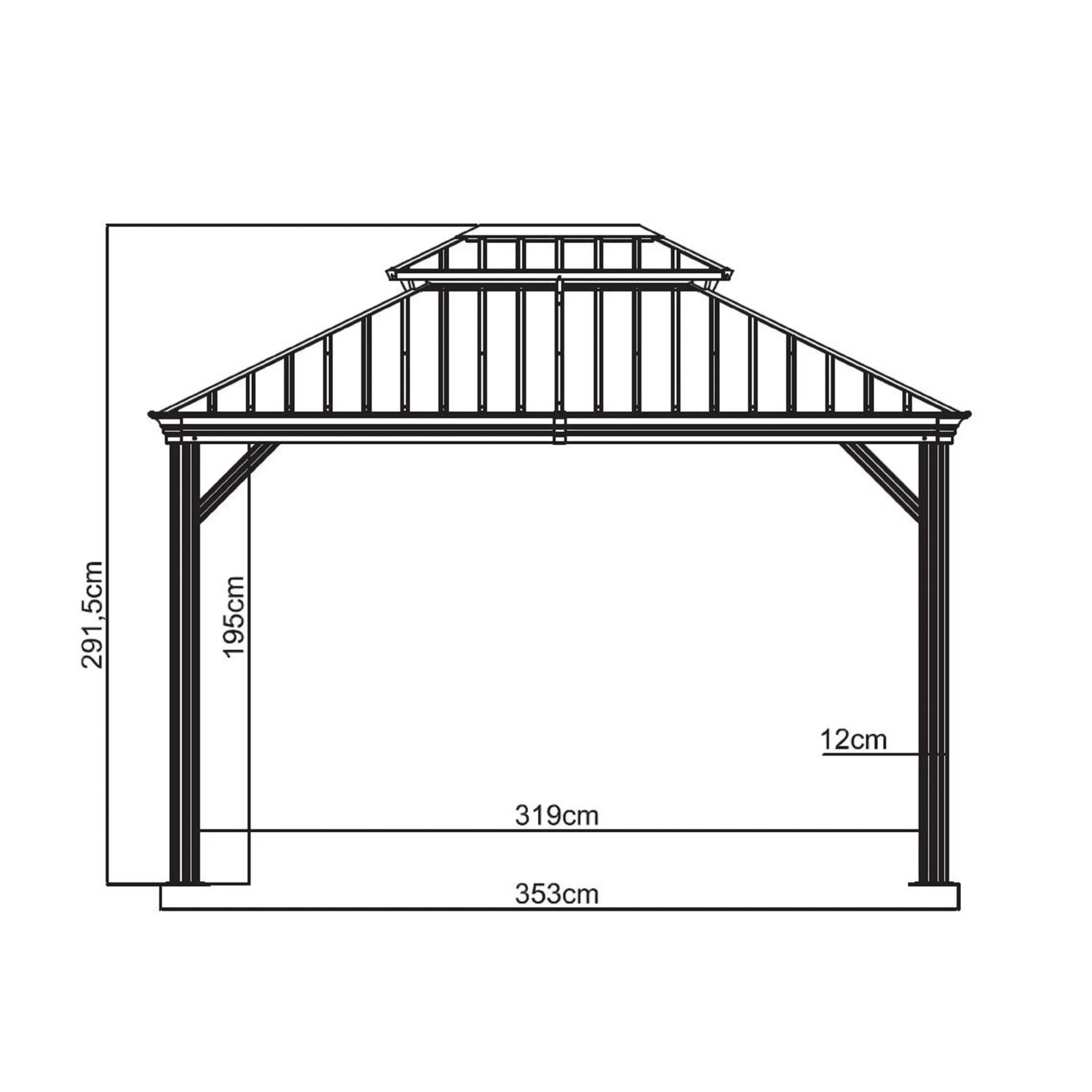 Skizze Sojag Aluminium Pavillon Messina 10 x 12 Champagner mit Maßangaben.