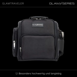 Schwarze Glamseries Glamtraveler Kosmetiktasche mit Reißverschlüssen, Tragegriff und transparenten Seitentaschen für Make-up.