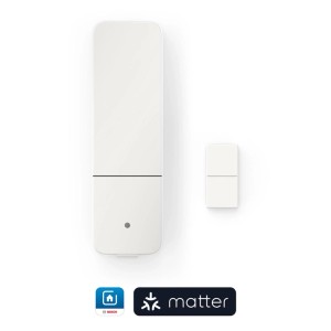 Weißer Bosch Smart Home Tür-/Fensterkontakt II +M mit Magnet. Erkennt offene Türen/Fenster für Hausautomation. Matter-kompatibel.
