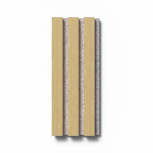 Akustikpaneel Muster Eiche unbehandelt, braune Holzleisten auf grauem Filz.