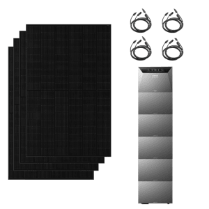Anker SOLIX Solarbank 4 E5000 Pro mit 4 schwarzen Solarmodulen, 5 Erweiterungsakkus und Anschlusskabeln für Balkonkraftwerk.