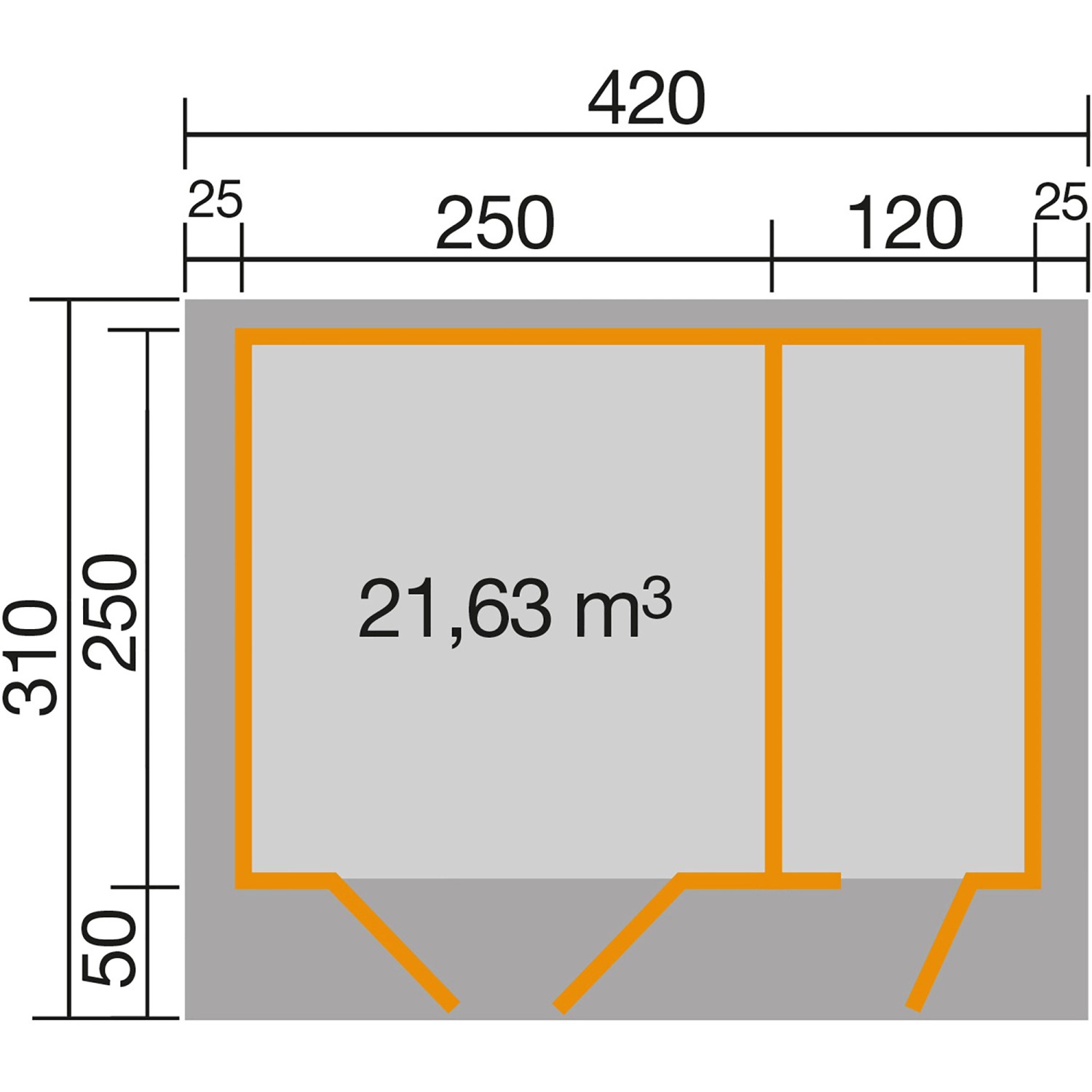 Grundriss Weka Gartenhaus Brixen: 2 Räume, Satteldach, 370x250 cm. Ideal als Gerätehaus oder zur Entspannung.