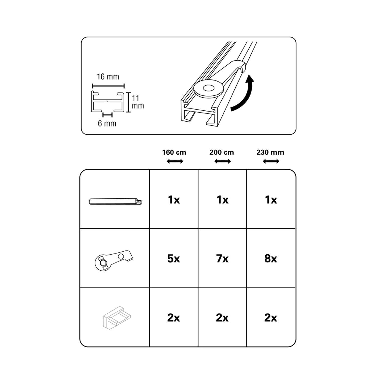 Bestandteile Gardinia Vorhangschienen-Set Lucy, 1-läufig, weiß, 160 cm: Schiene, Träger, Endkappen.