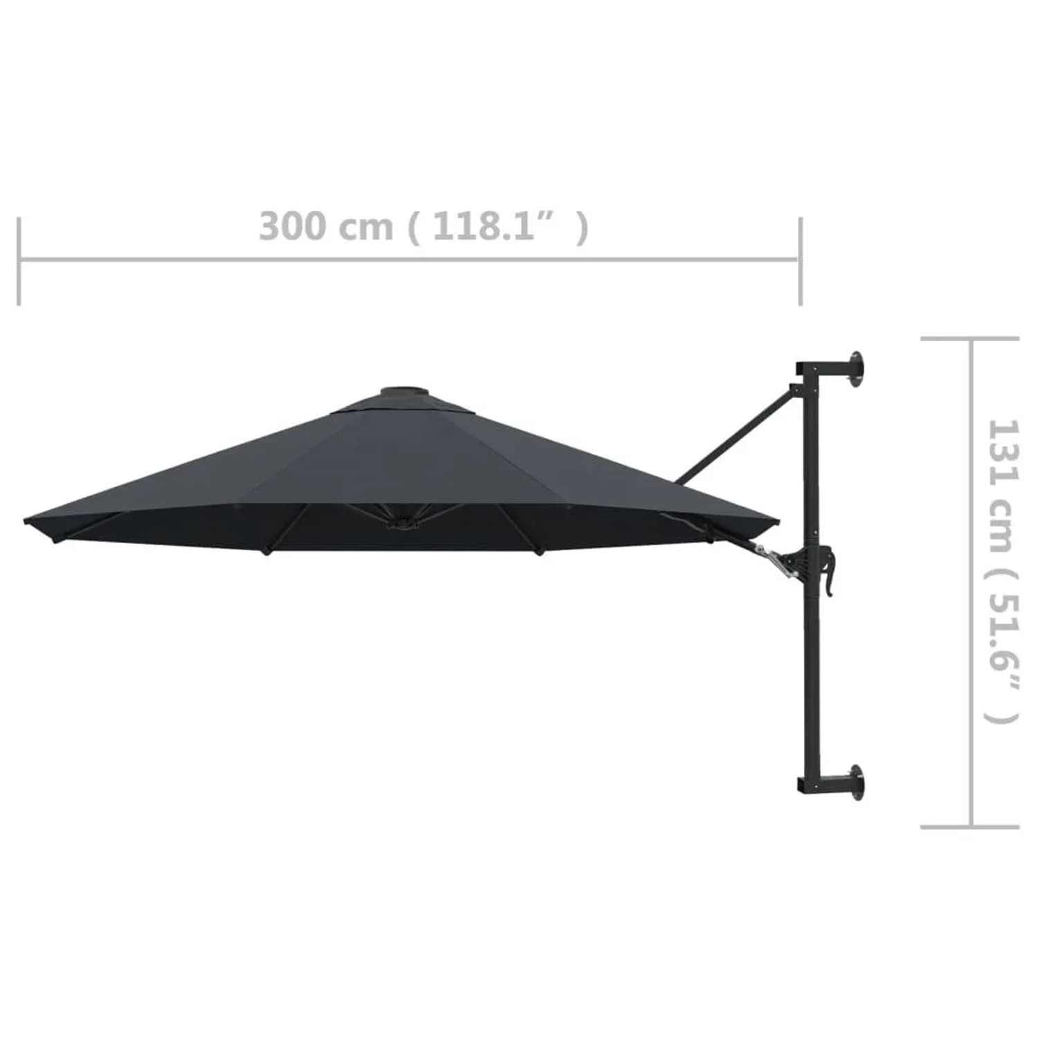 Anthrazitfarbener Wand-Sonnenschirm (300 cm) mit Metallmast zur Montage an der Wand.