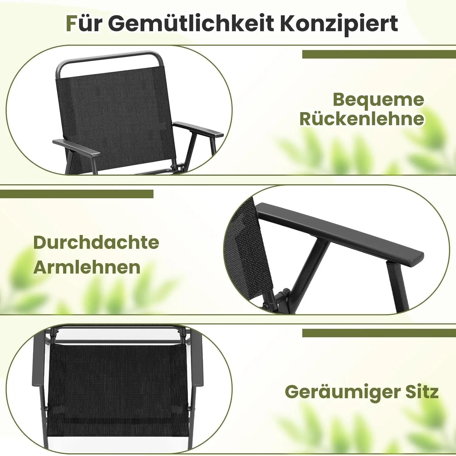 Detailansicht: Costway 2er Set Gartenstühle, klappbar, mit Armlehnen, schwarz. Bequeme Rückenlehne, Armlehnen und geräumiger Sitz.