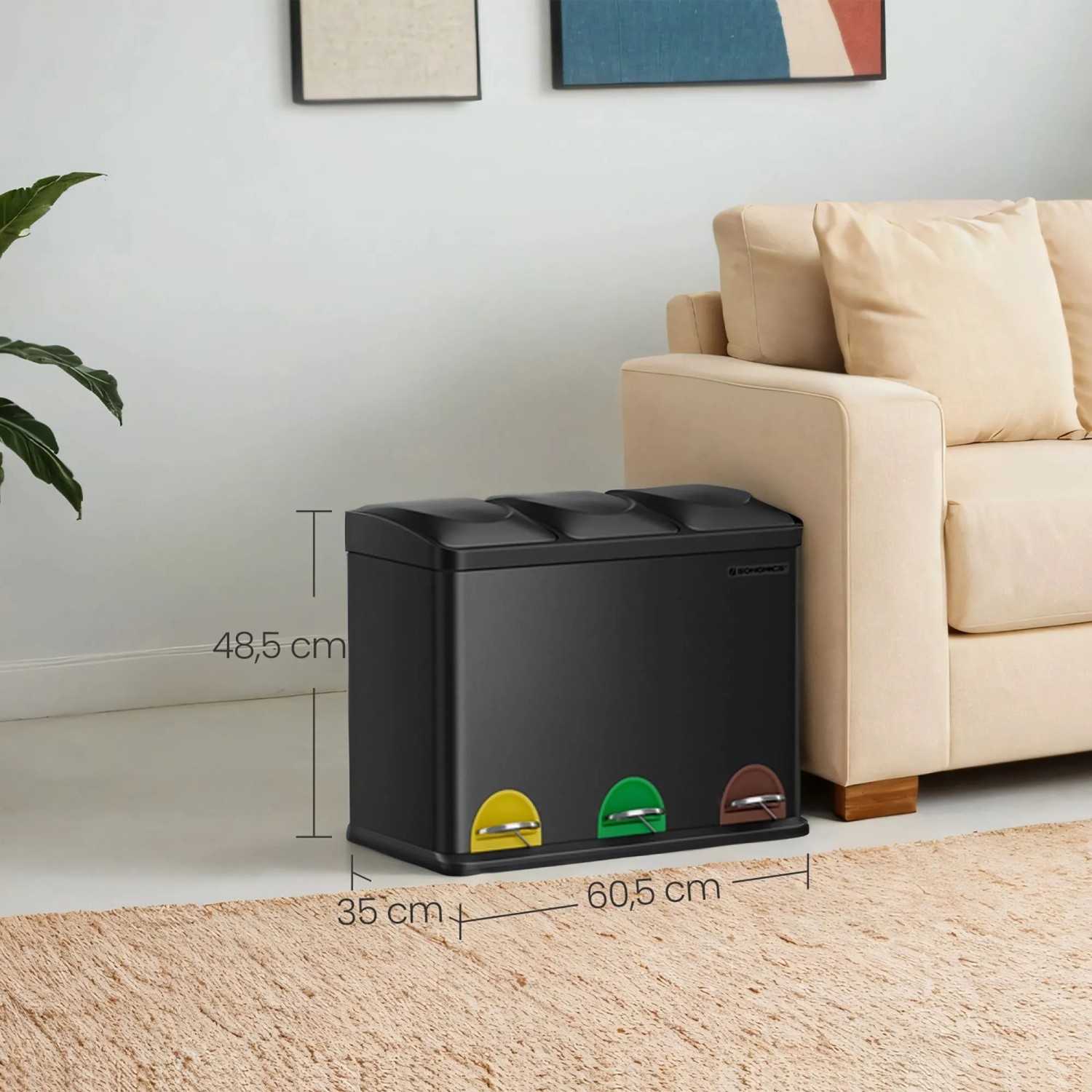 Songmics Mülleimer Petaja mit 3 Fächern, je 15 l, in Schwarz. Ideal zur Mülltrennung.