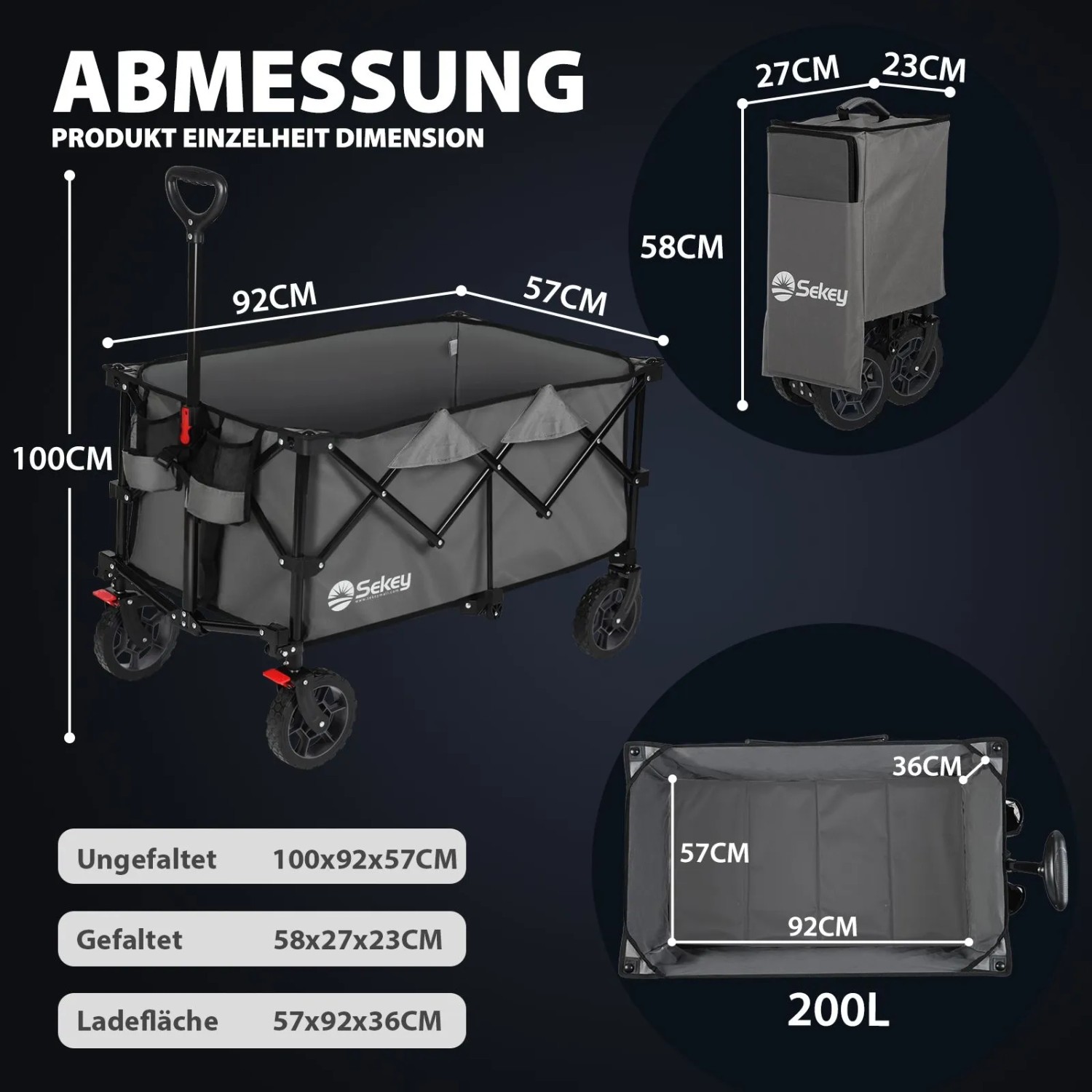 Sekey XXL Bollerwagen, faltbar, anthrazit, 200L. Campingwagen mit Maßen und Details.
