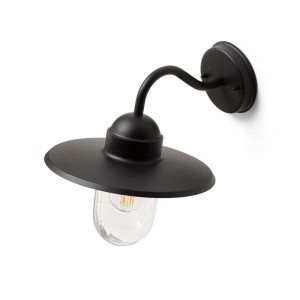 Schwarze Rendl Retro Außenwandleuchte Beacon mit gebogenem Arm, flachem Schirm und strukturiertem Klarglas.