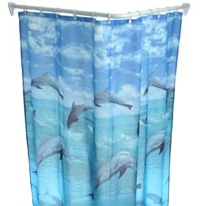 Winkel Duschvorhangstange 90x90 cm mit blauem Duschvorhang mit Delfinmotiv für Ihr Badezimmer.
